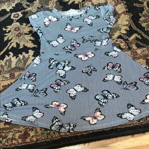 Blue Fit and Flare Casual Dress with Flutter Cap Sleeves